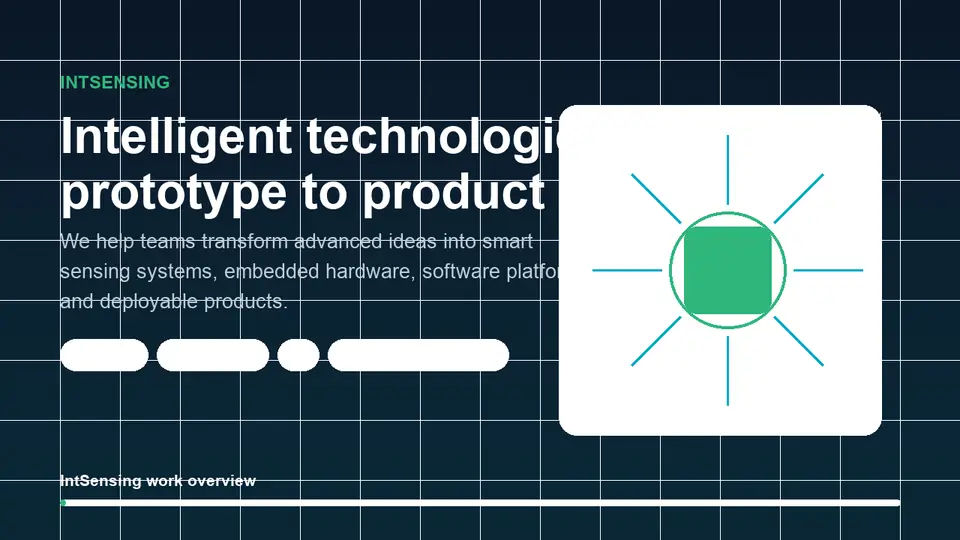 Animated IntSensing explainer showing sensing, electronics, AI dashboards, and product development